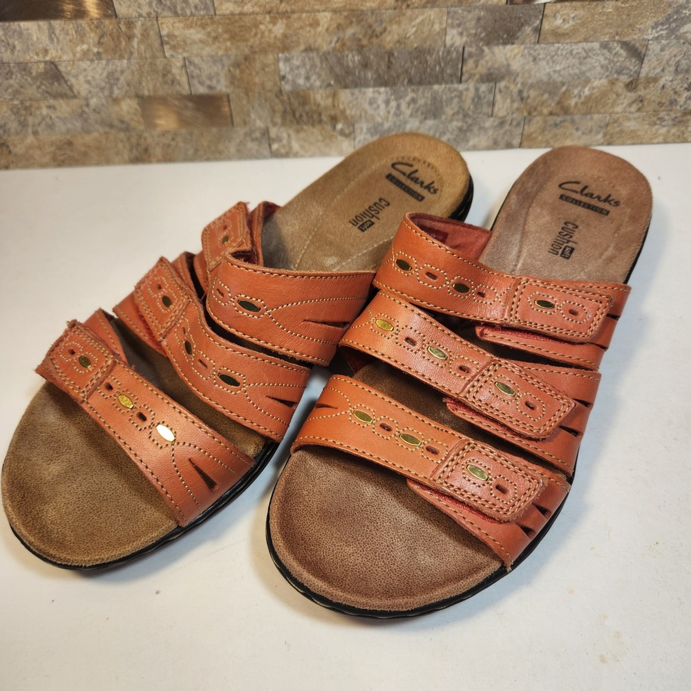 Clarks Collection Orange Leather Triple Strap Slide Sandals Womens 8 M 261184094